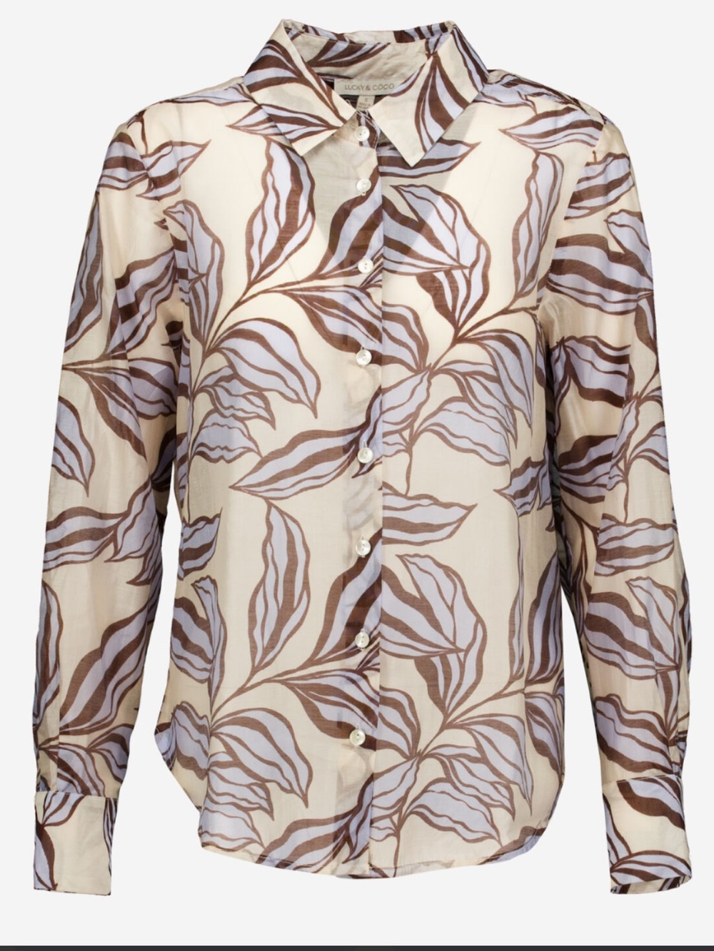Lucky & Coco Cream Botanical-Print Long-Sleeve Button Shirt- Small